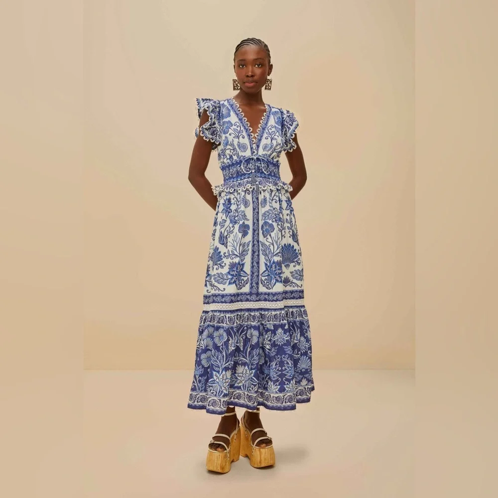 Off White Shell Garden Maxi Dress ! By Farm Rio - Picture 3 of 11